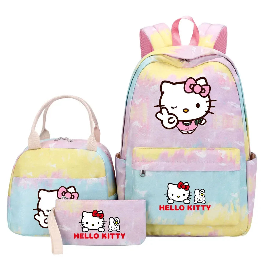 New Hello Kitty Printed Girls Kids Pen Lunch Bags Bookbags 3 Pcs Women Teenagers Schoolbags Travel Laptop Rainbow Backpack