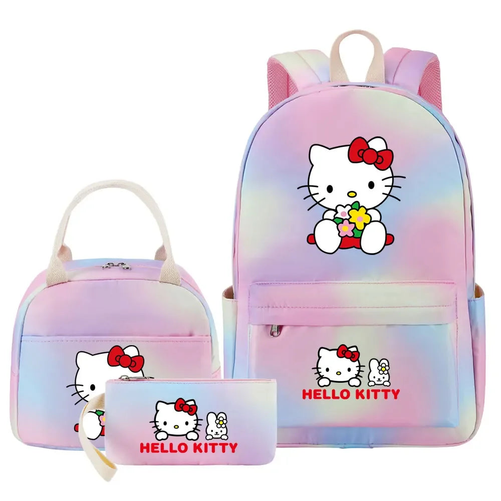 New Hello Kitty Printed Girls Kids Pen Lunch Bags Bookbags 3 Pcs Women Teenagers Schoolbags Travel Laptop Rainbow Backpack