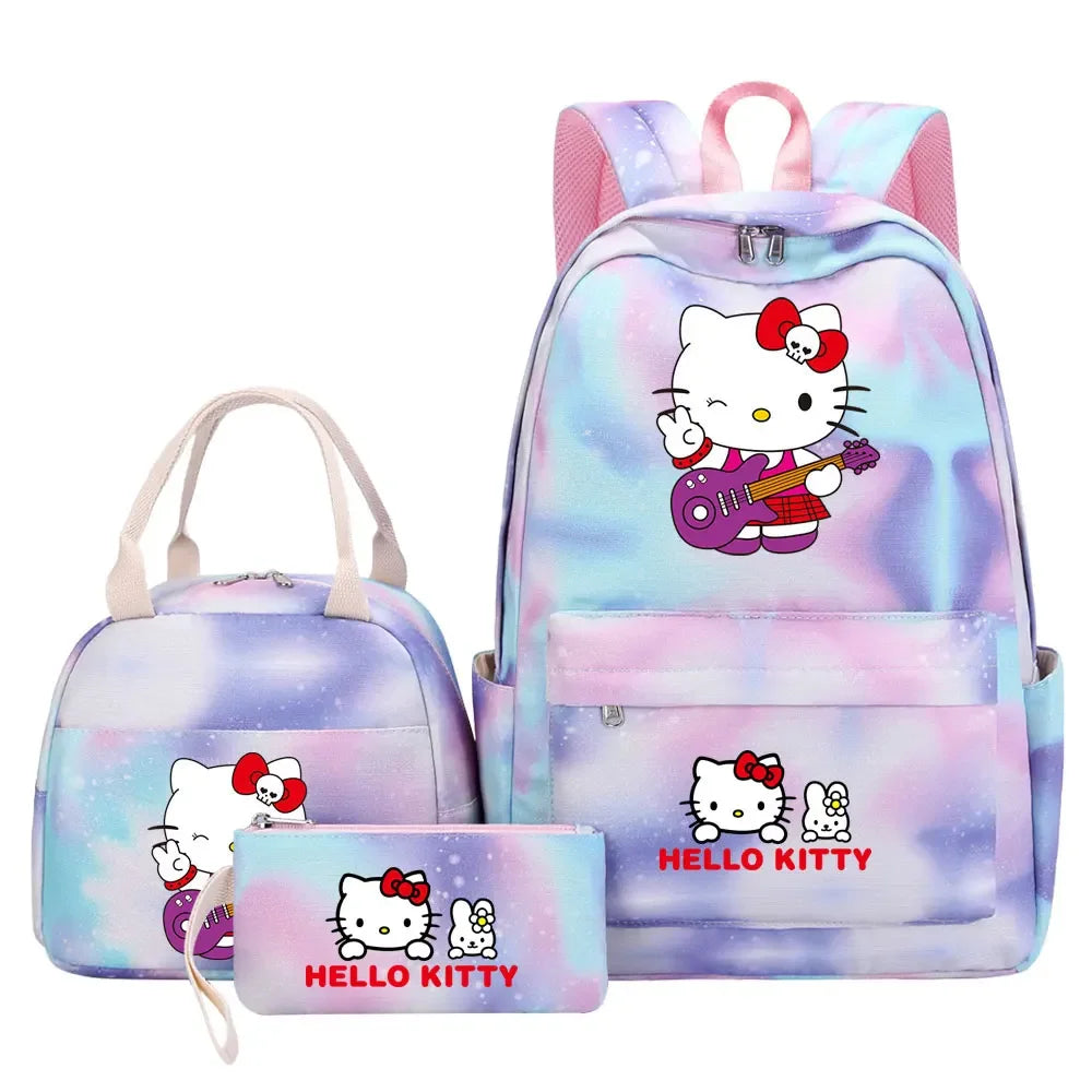 New Hello Kitty Printed Girls Kids Pen Lunch Bags Bookbags 3 Pcs Women Teenagers Schoolbags Travel Laptop Rainbow Backpack