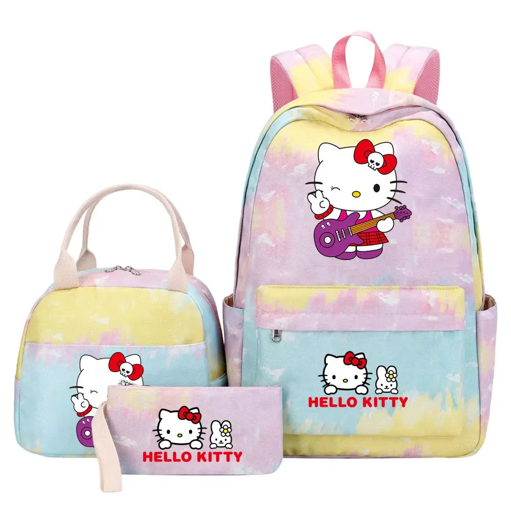 New Hello Kitty Printed Girls Kids Pen Lunch Bags Bookbags 3 Pcs Women Teenagers Schoolbags Travel Laptop Rainbow Backpack