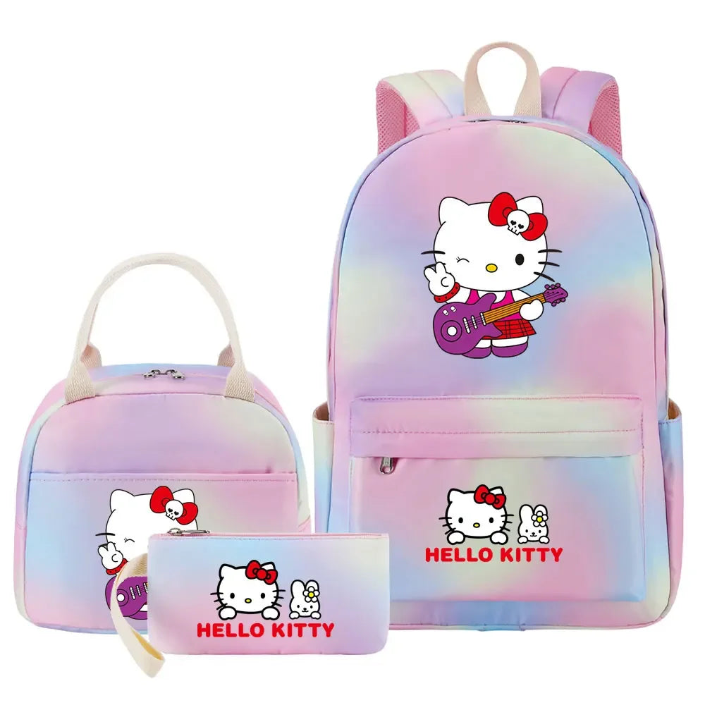 New Hello Kitty Printed Girls Kids Pen Lunch Bags Bookbags 3 Pcs Women Teenagers Schoolbags Travel Laptop Rainbow Backpack