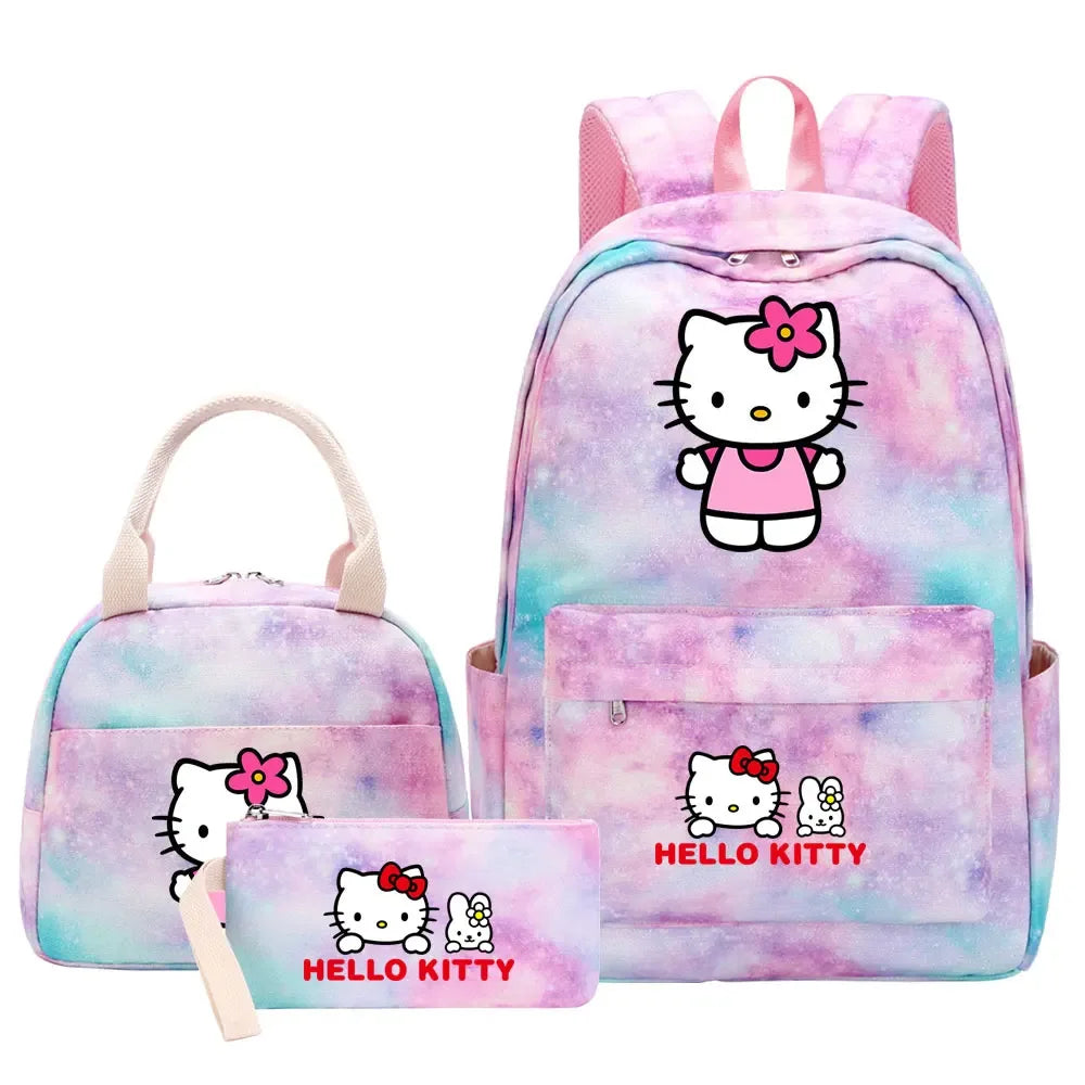 New Hello Kitty Printed Girls Kids Pen Lunch Bags Bookbags 3 Pcs Women Teenagers Schoolbags Travel Laptop Rainbow Backpack