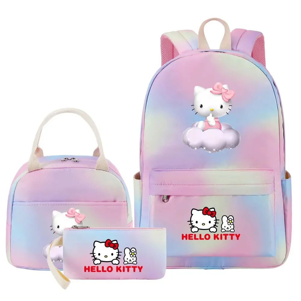 New Hello Kitty Printed Girls Kids Pen Lunch Bags Bookbags 3 Pcs Women Teenagers Schoolbags Travel Laptop Rainbow Backpack