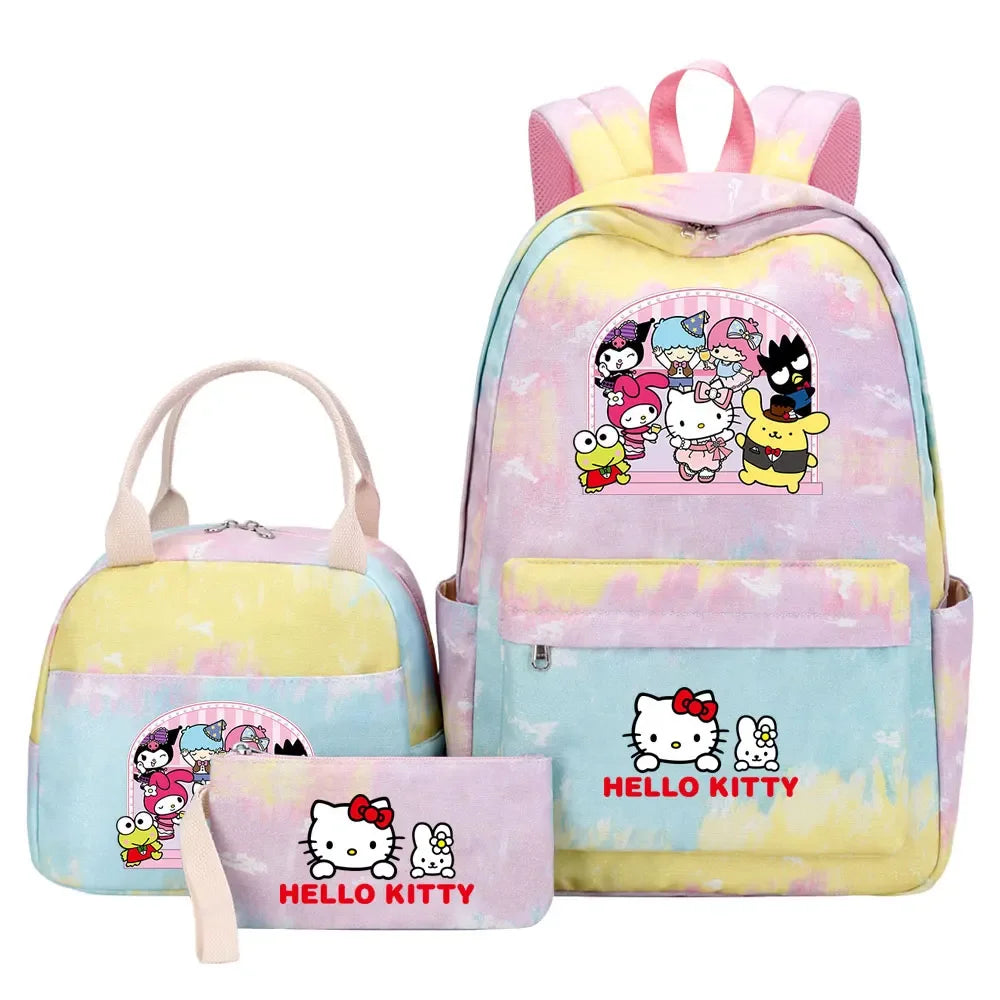 New Hello Kitty Printed Girls Kids Pen Lunch Bags Bookbags 3 Pcs Women Teenagers Schoolbags Travel Laptop Rainbow Backpack