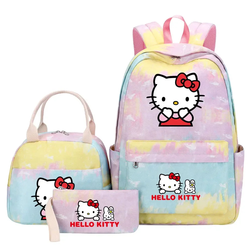 New Hello Kitty Printed Girls Kids Pen Lunch Bags Bookbags 3 Pcs Women Teenagers Schoolbags Travel Laptop Rainbow Backpack