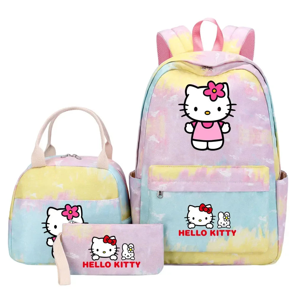 New Hello Kitty Printed Girls Kids Pen Lunch Bags Bookbags 3 Pcs Women Teenagers Schoolbags Travel Laptop Rainbow Backpack