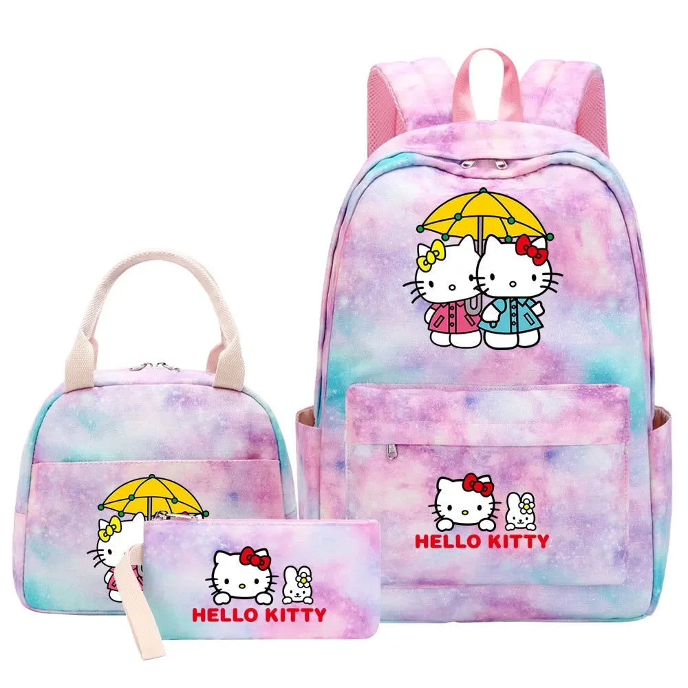 New Hello Kitty Printed Girls Kids Pen Lunch Bags Bookbags 3 Pcs Women Teenagers Schoolbags Travel Laptop Rainbow Backpack