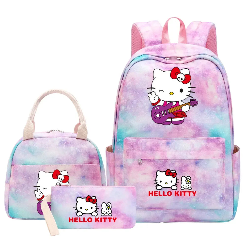 New Hello Kitty Printed Girls Kids Pen Lunch Bags Bookbags 3 Pcs Women Teenagers Schoolbags Travel Laptop Rainbow Backpack