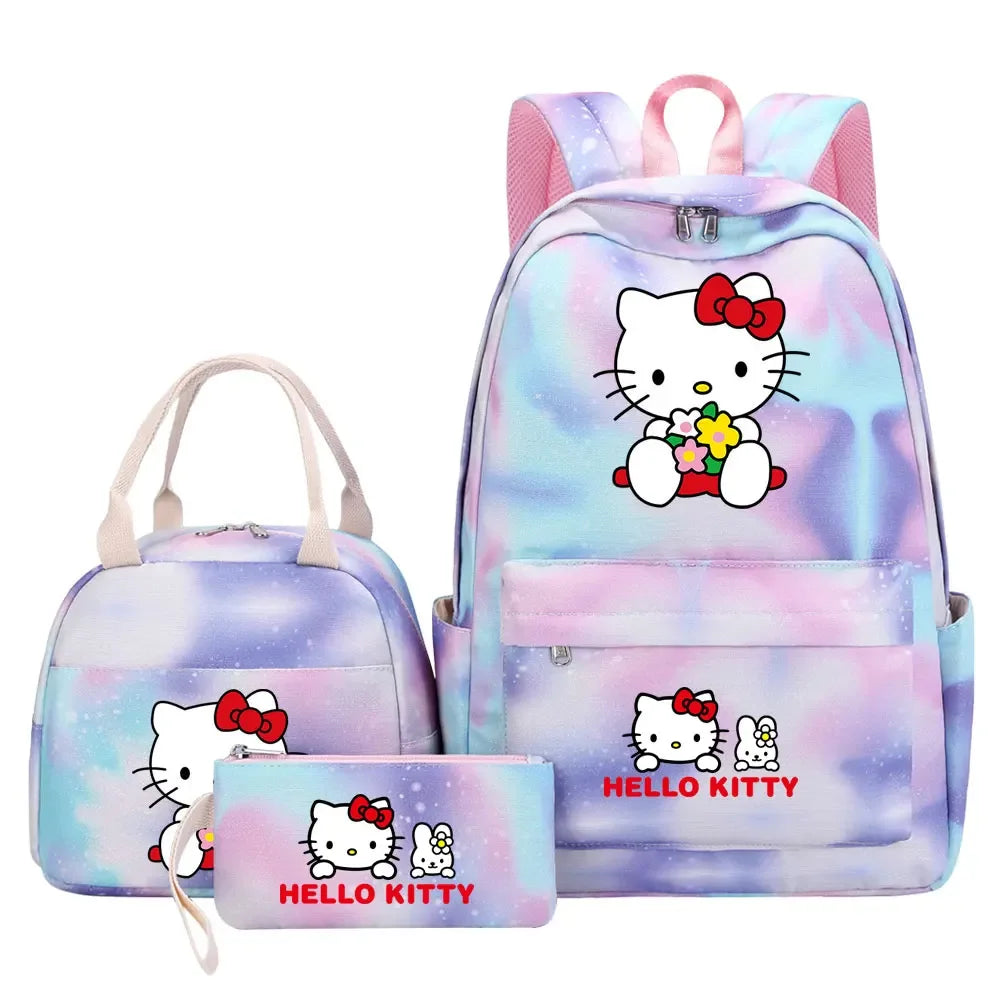 New Hello Kitty Printed Girls Kids Pen Lunch Bags Bookbags 3 Pcs Women Teenagers Schoolbags Travel Laptop Rainbow Backpack