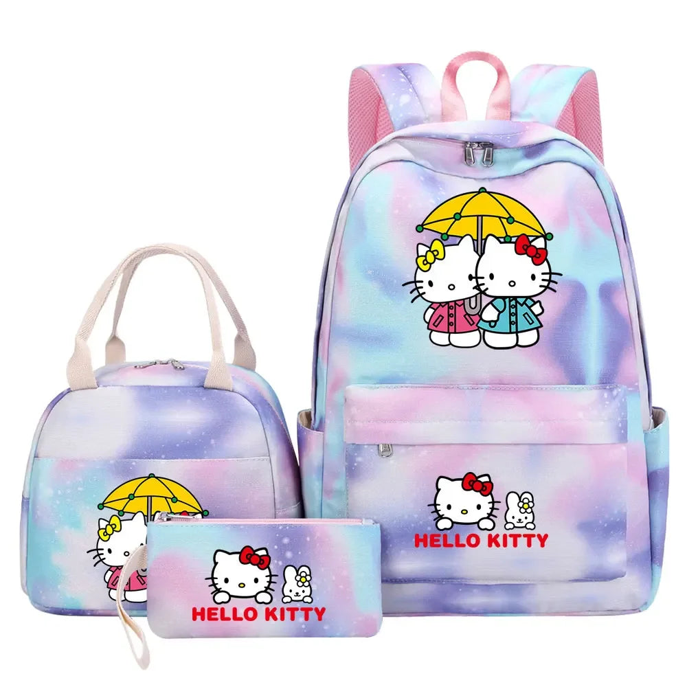 New Hello Kitty Printed Girls Kids Pen Lunch Bags Bookbags 3 Pcs Women Teenagers Schoolbags Travel Laptop Rainbow Backpack