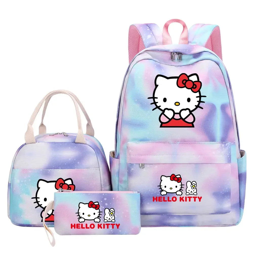New Hello Kitty Printed Girls Kids Pen Lunch Bags Bookbags 3 Pcs Women Teenagers Schoolbags Travel Laptop Rainbow Backpack