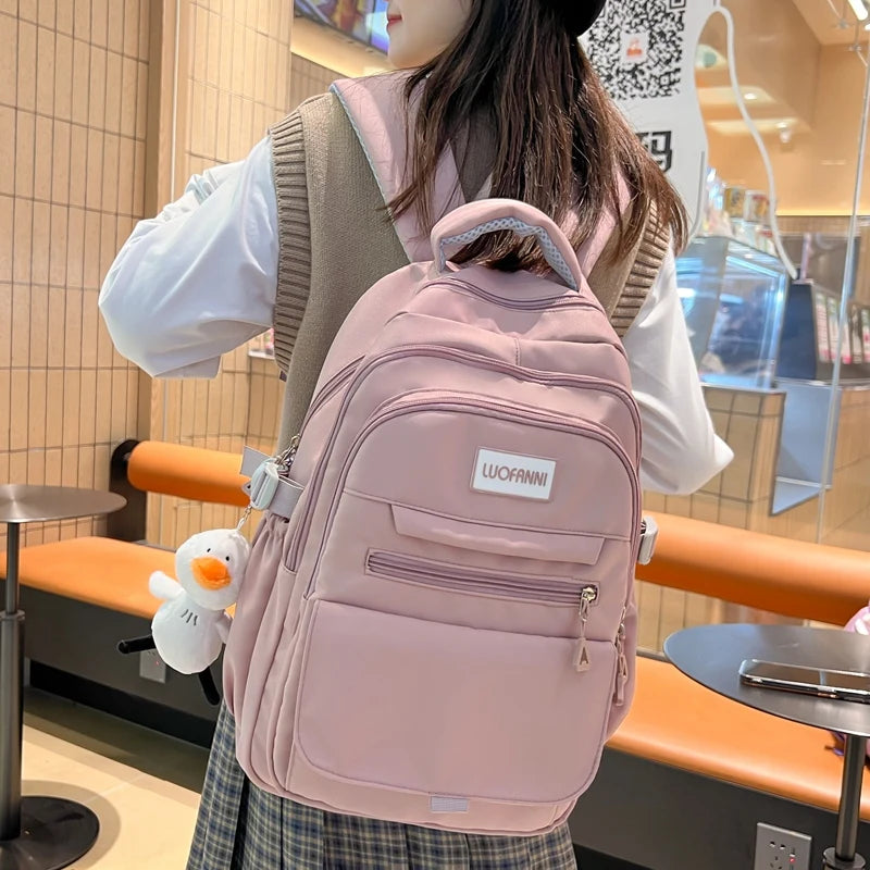 New High Quality Waterproof Nylon Women Backpack Girls Kawaii 2023 Travel Bag Solid Color Multi-pocket Big Schoolbag