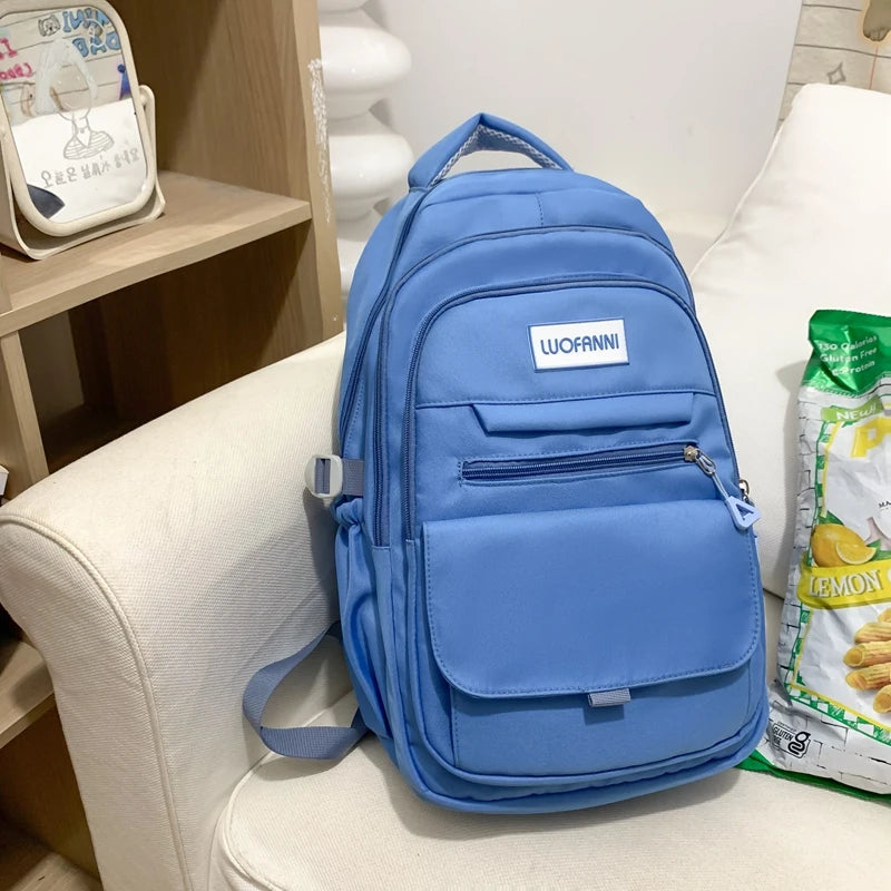 New High Quality Waterproof Nylon Women Backpack Girls Kawaii 2023 Travel Bag Solid Color Multi-pocket Big Schoolbag