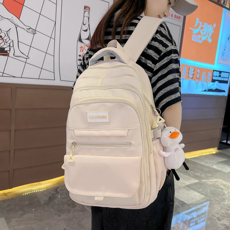 New High Quality Waterproof Nylon Women Backpack Girls Kawaii 2023 Travel Bag Solid Color Multi-pocket Big Schoolbag