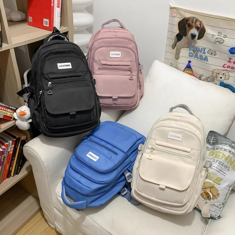New High Quality Waterproof Nylon Women Backpack Girls Kawaii 2023 Travel Bag Solid Color Multi-pocket Big Schoolbag