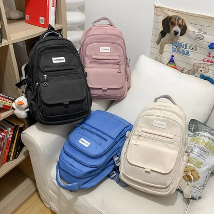 New High Quality Waterproof Nylon Women Backpack Girls Kawaii 2023 Travel Bag Solid Color Multi-pocket Big Schoolbag