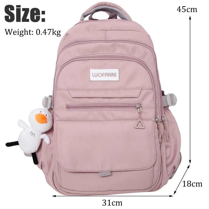 New High Quality Waterproof Nylon Women Backpack Girls Kawaii 2023 Travel Bag Solid Color Multi-pocket Big Schoolbag