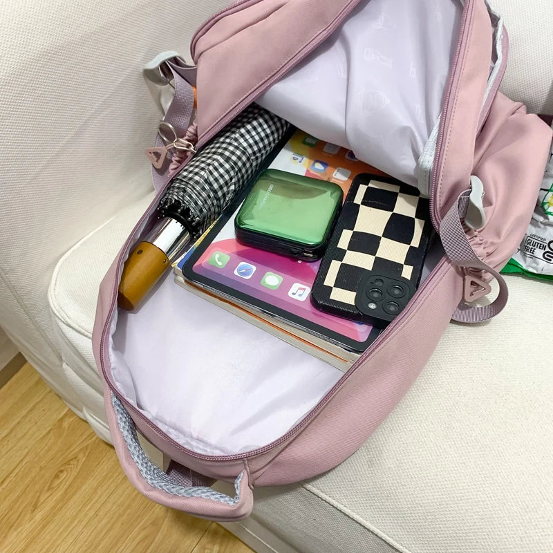 New High Quality Waterproof Nylon Women Backpack Girls Kawaii 2023 Travel Bag Solid Color Multi-pocket Big Schoolbag