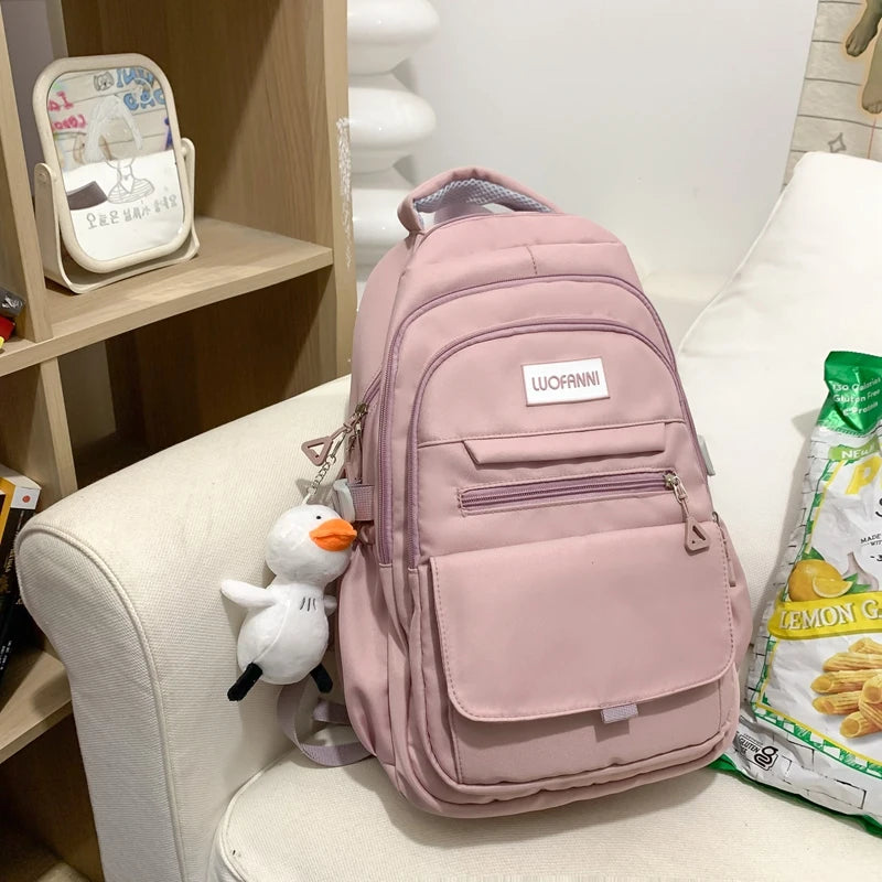 New High Quality Waterproof Nylon Women Backpack Girls Kawaii 2023 Travel Bag Solid Color Multi-pocket Big Schoolbag