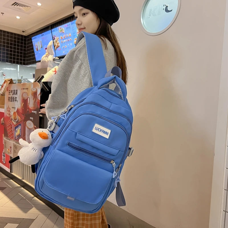 New High Quality Waterproof Nylon Women Backpack Girls Kawaii 2023 Travel Bag Solid Color Multi-pocket Big Schoolbag