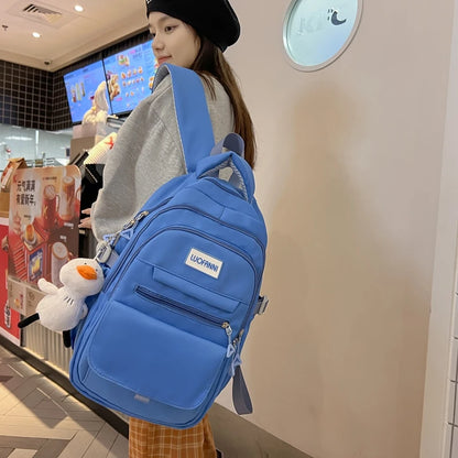 New High Quality Waterproof Nylon Women Backpack Girls Kawaii 2023 Travel Bag Solid Color Multi-pocket Big Schoolbag