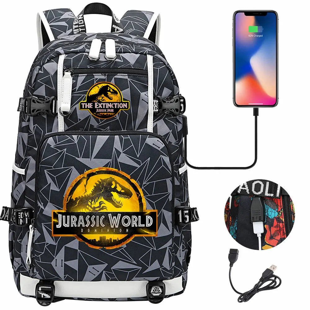 New Jurassic World Park USB Large Capacity Teenagers Schoolbags Women Men Laptop Travel Backpack Girl Boys Kids School Book Bags