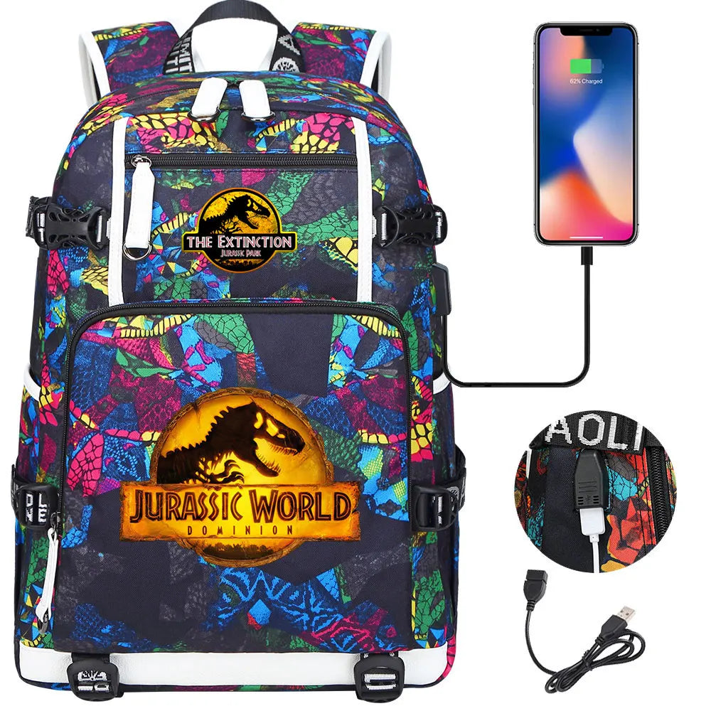 New Jurassic World Park USB Large Capacity Teenagers Schoolbags Women Men Laptop Travel Backpack Girl Boys Kids School Book Bags