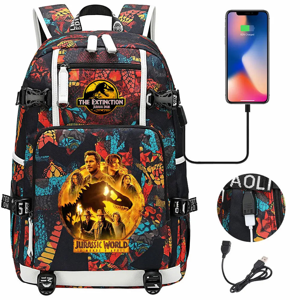 New Jurassic World Park USB Large Capacity Teenagers Schoolbags Women Men Laptop Travel Backpack Girl Boys Kids School Book Bags