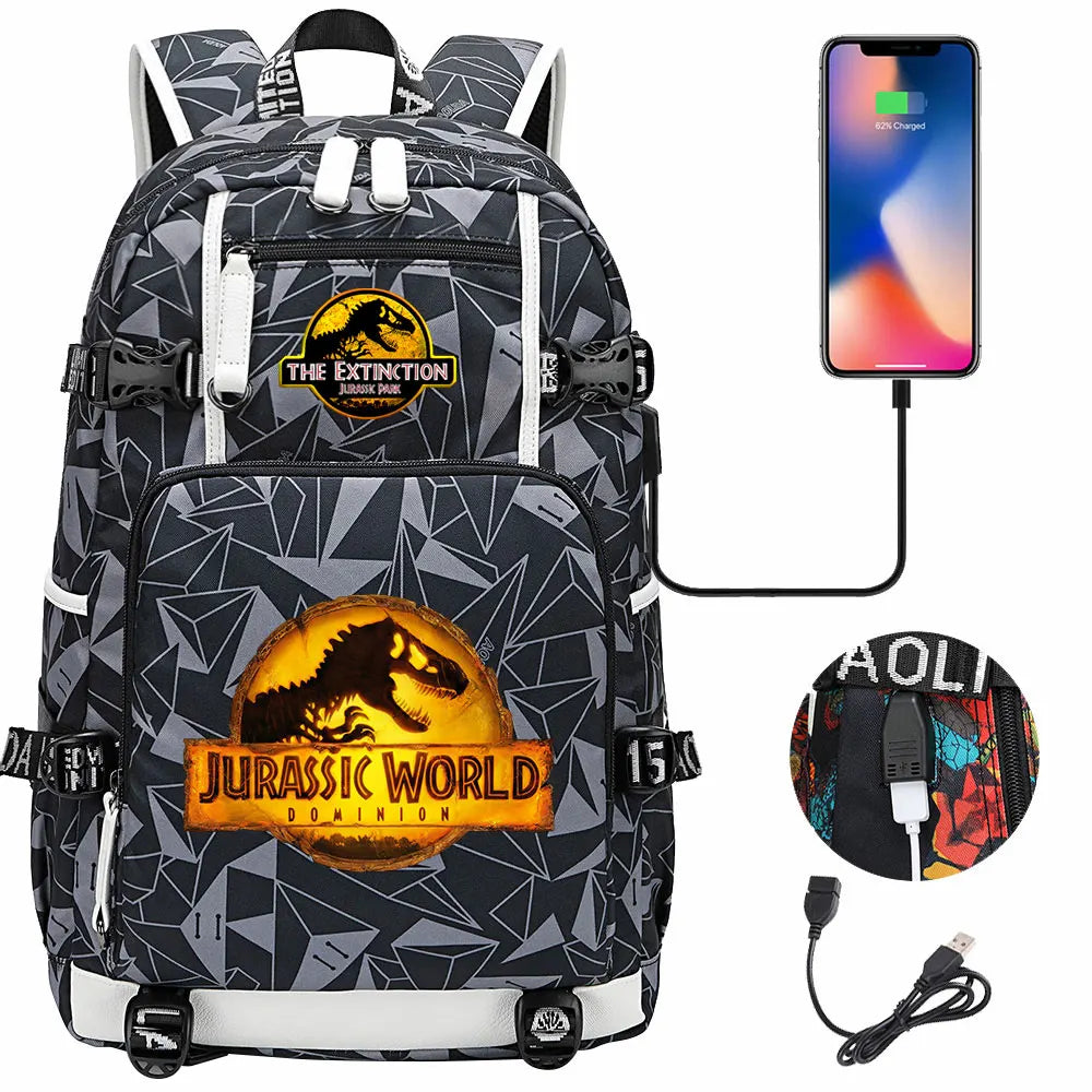 New Jurassic World Park USB Large Capacity Teenagers Schoolbags Women Men Laptop Travel Backpack Girl Boys Kids School Book Bags