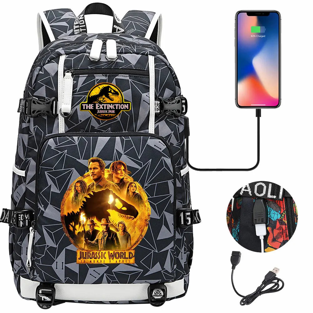 New Jurassic World Park USB Large Capacity Teenagers Schoolbags Women Men Laptop Travel Backpack Girl Boys Kids School Book Bags
