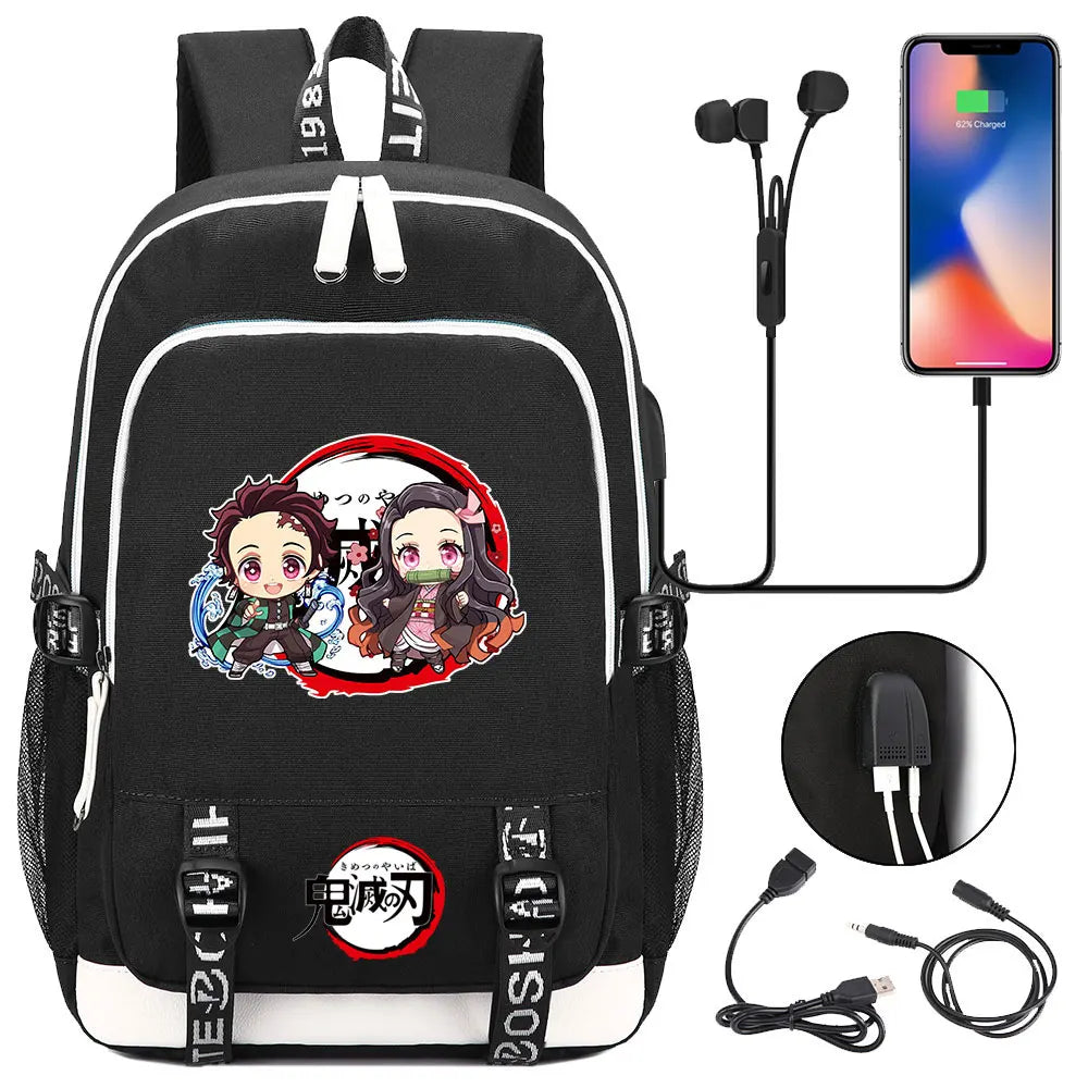 New Kawaii Anime Demon Slayer Prints USB Boy Girl Kids Book School Bags Teenagers Student Women Men Laptop Travel Backpack