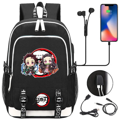 New Kawaii Anime Demon Slayer Prints USB Boy Girl Kids Book School Bags Teenagers Student Women Men Laptop Travel Backpack