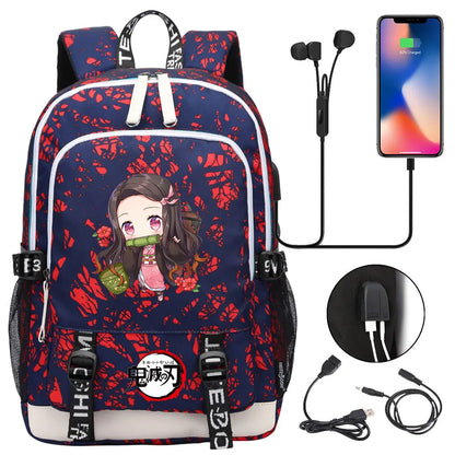 New Kawaii Anime Demon Slayer Prints USB Boy Girl Kids Book School Bags Teenagers Student Women Men Laptop Travel Backpack