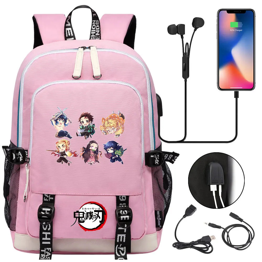 New Kawaii Anime Demon Slayer Prints USB Boy Girl Kids Book School Bags Teenagers Student Women Men Laptop Travel Backpack