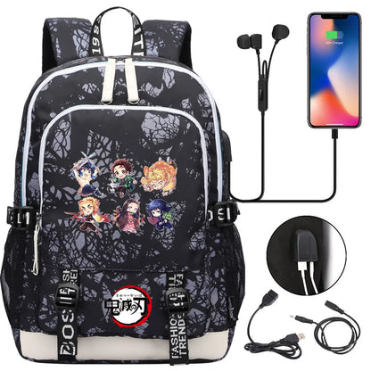 New Kawaii Anime Demon Slayer Prints USB Boy Girl Kids Book School Bags Teenagers Student Women Men Laptop Travel Backpack