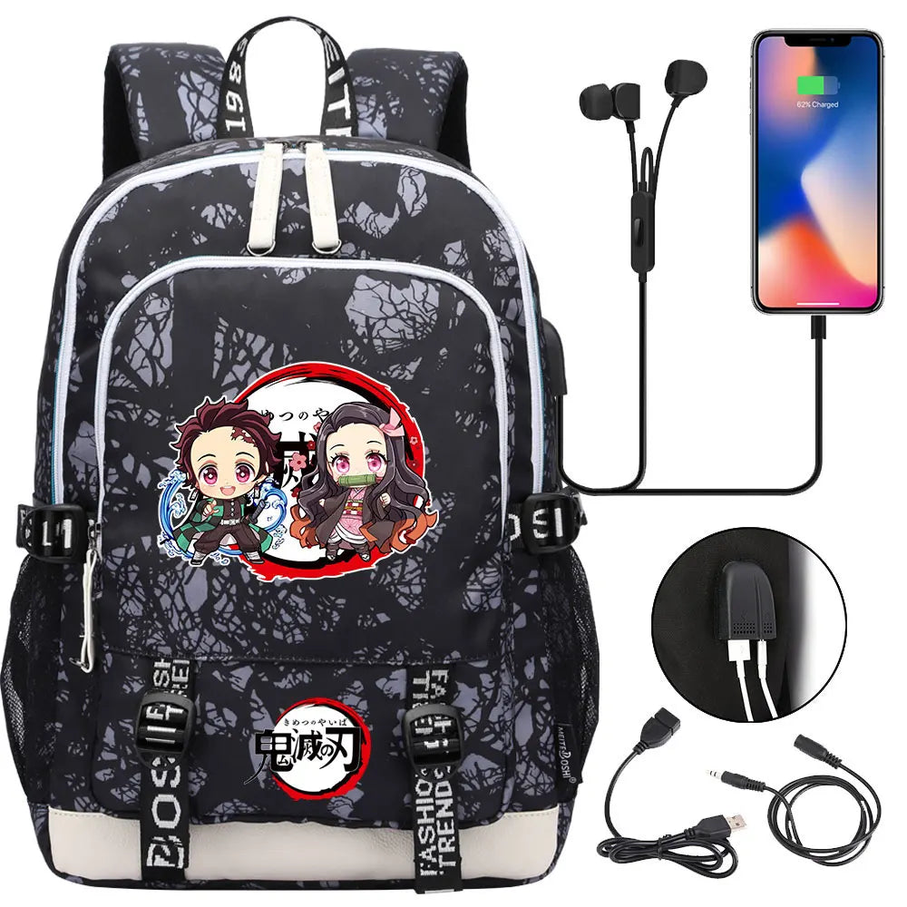 New Kawaii Anime Demon Slayer Prints USB Boy Girl Kids Book School Bags Teenagers Student Women Men Laptop Travel Backpack