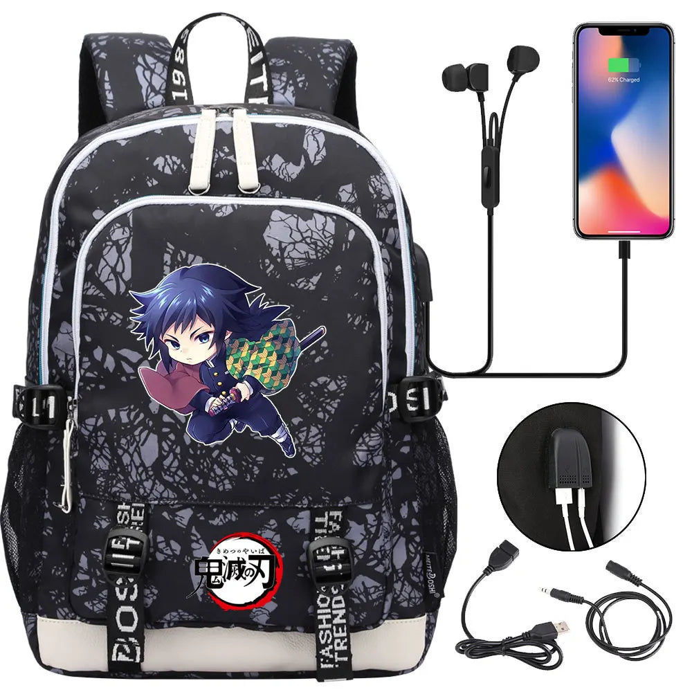 New Kawaii Anime Demon Slayer Prints USB Boy Girl Kids Book School Bags Teenagers Student Women Men Laptop Travel Backpack