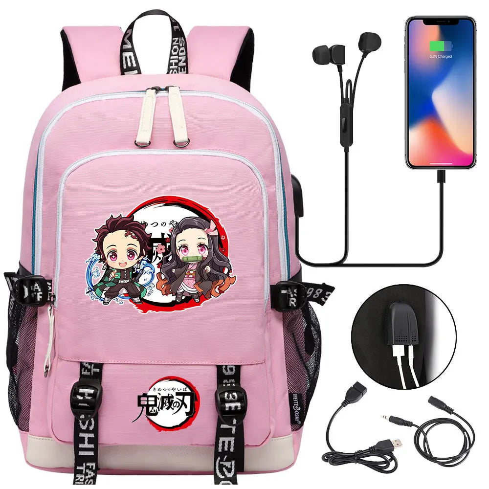 New Kawaii Anime Demon Slayer Prints USB Boy Girl Kids Book School Bags Teenagers Student Women Men Laptop Travel Backpack