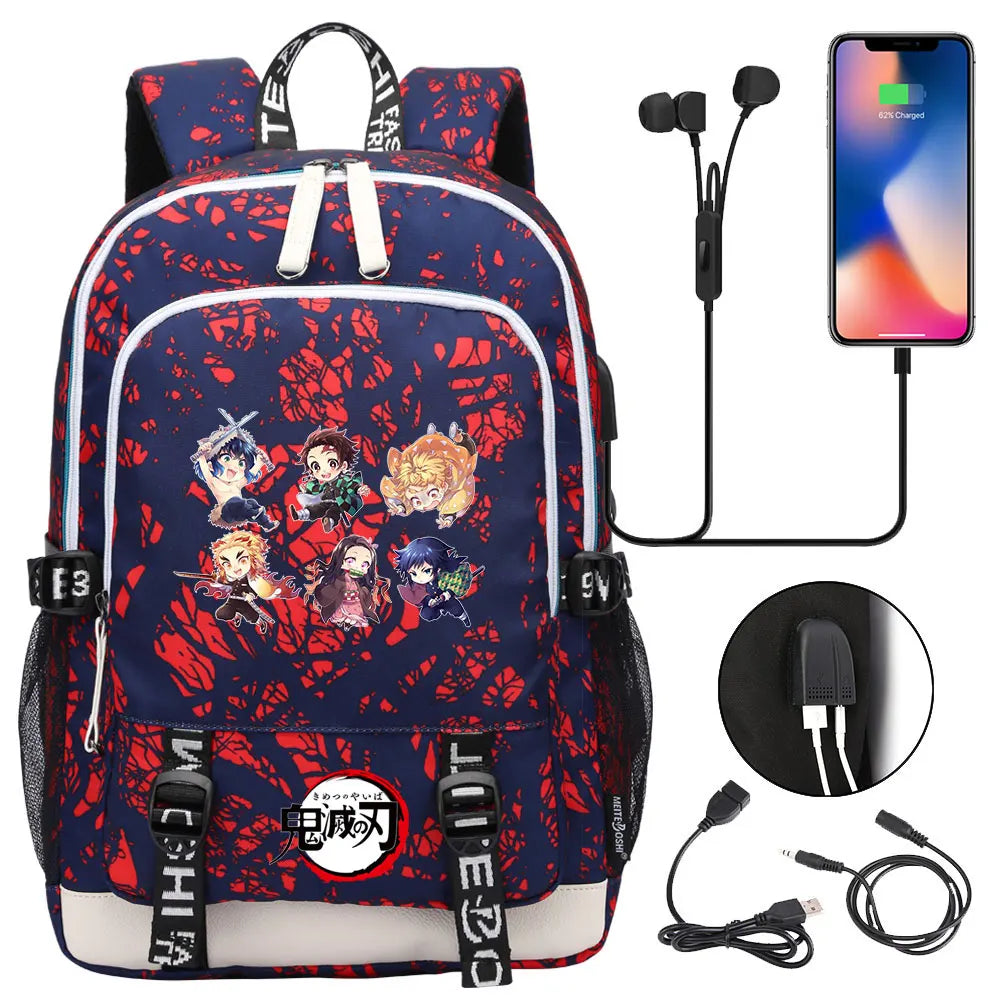New Kawaii Anime Demon Slayer Prints USB Boy Girl Kids Book School Bags Teenagers Student Women Men Laptop Travel Backpack