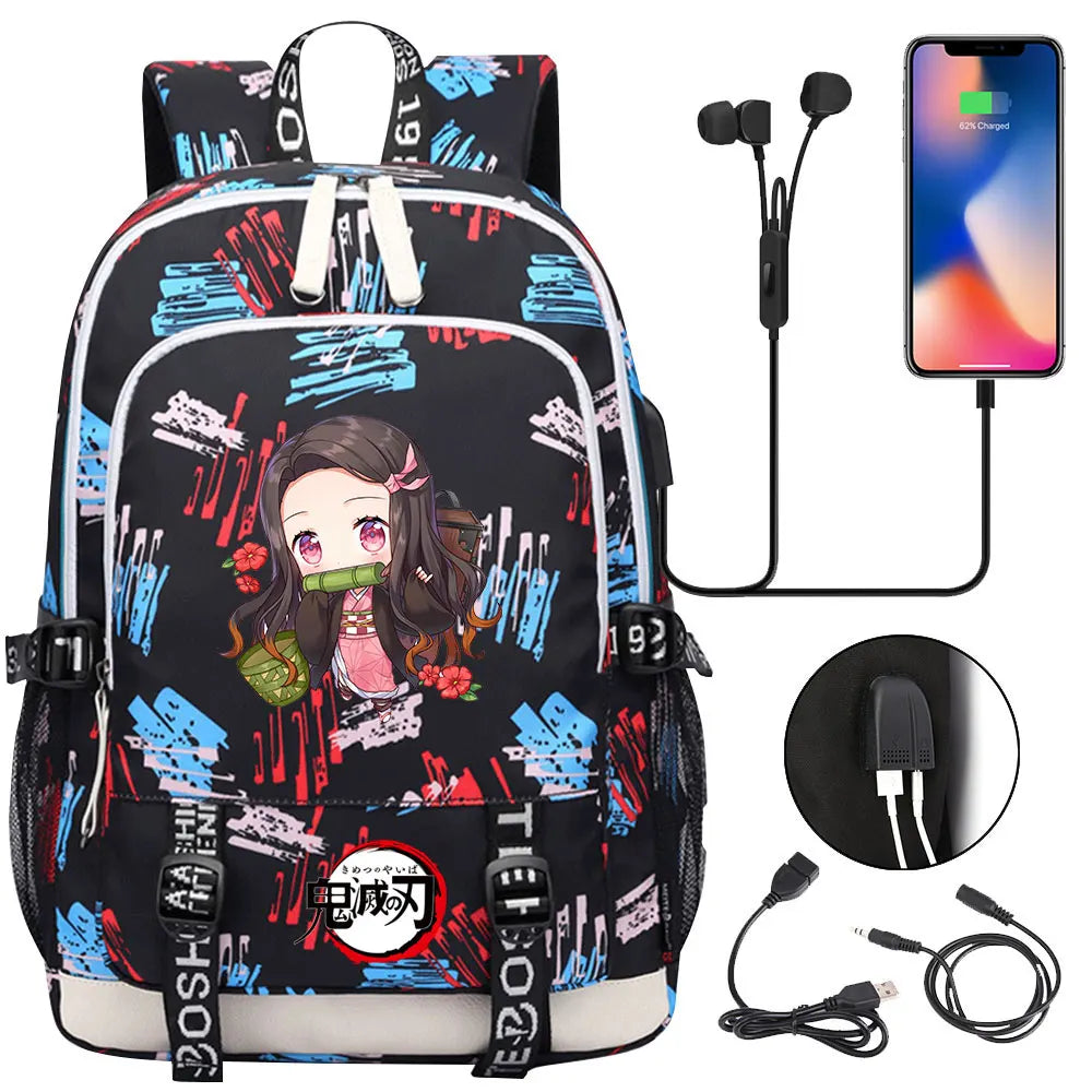 New Kawaii Anime Demon Slayer Prints USB Boy Girl Kids Book School Bags Teenagers Student Women Men Laptop Travel Backpack
