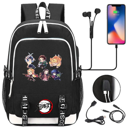 New Kawaii Anime Demon Slayer Prints USB Boy Girl Kids Book School Bags Teenagers Student Women Men Laptop Travel Backpack