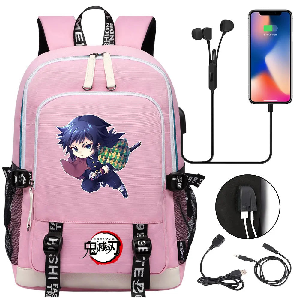 New Kawaii Anime Demon Slayer Prints USB Boy Girl Kids Book School Bags Teenagers Student Women Men Laptop Travel Backpack