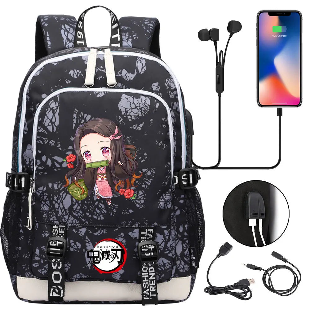 New Kawaii Anime Demon Slayer Prints USB Boy Girl Kids Book School Bags Teenagers Student Women Men Laptop Travel Backpack