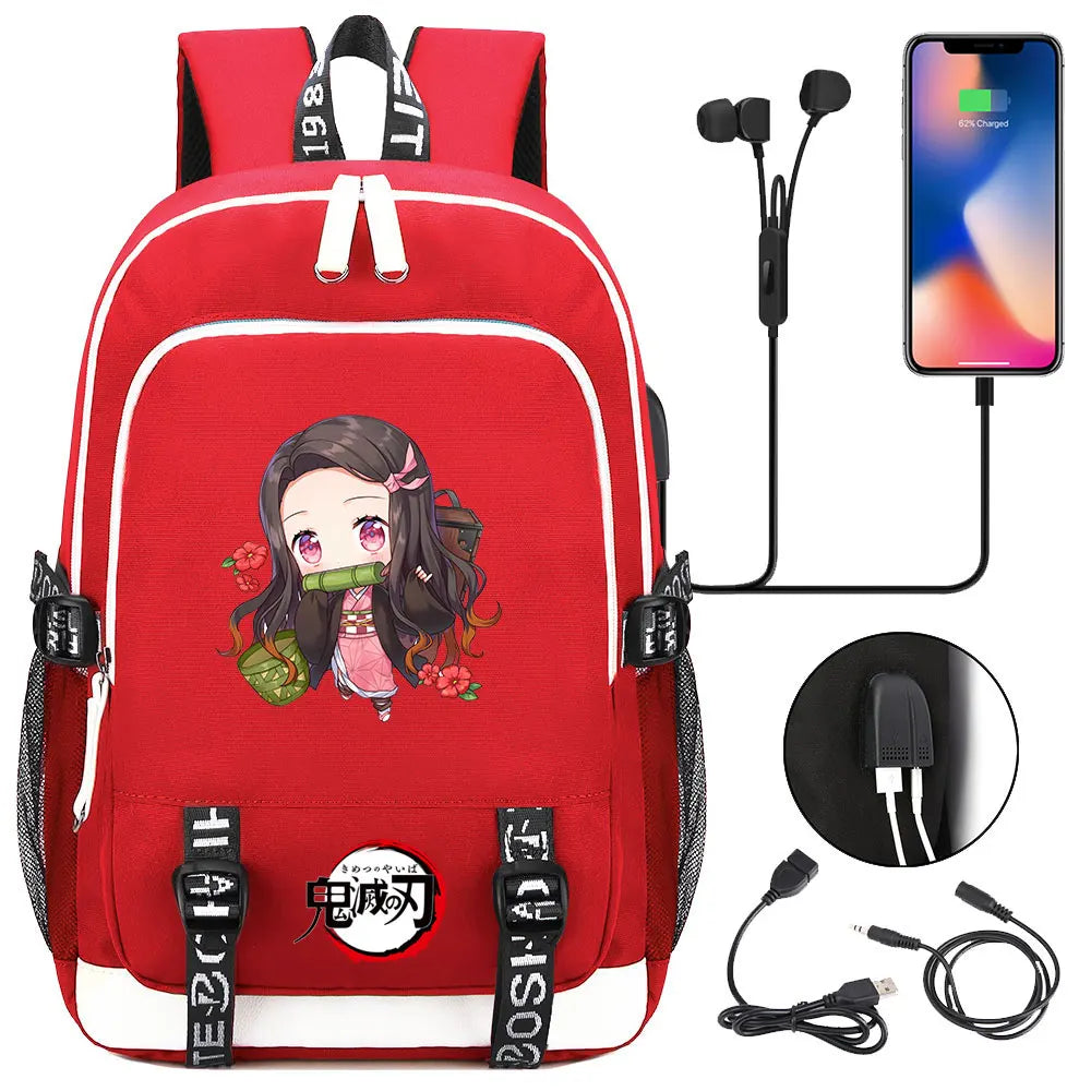 New Kawaii Anime Demon Slayer Prints USB Boy Girl Kids Book School Bags Teenagers Student Women Men Laptop Travel Backpack