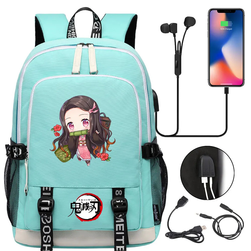 New Kawaii Anime Demon Slayer Prints USB Boy Girl Kids Book School Bags Teenagers Student Women Men Laptop Travel Backpack