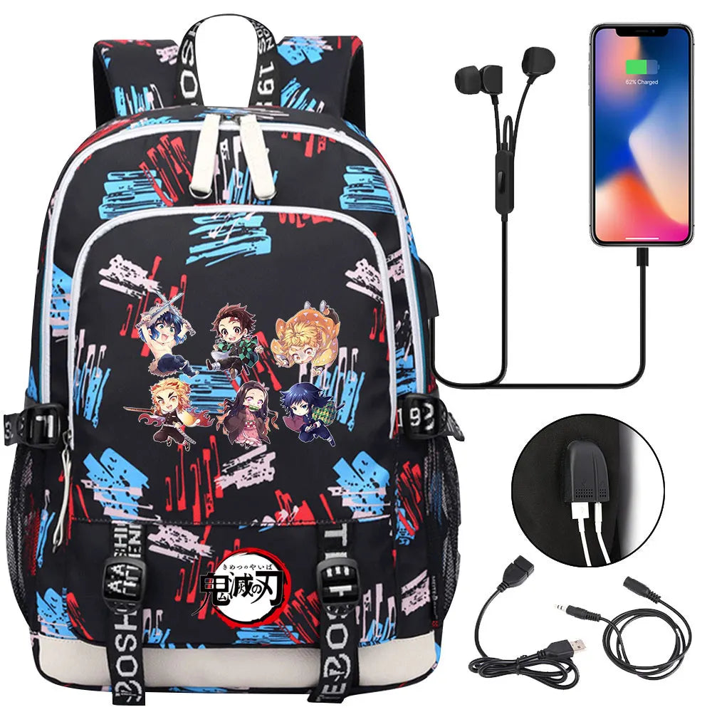 New Kawaii Anime Demon Slayer Prints USB Boy Girl Kids Book School Bags Teenagers Student Women Men Laptop Travel Backpack