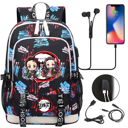 New Kawaii Anime Demon Slayer Prints USB Boy Girl Kids Book School Bags Teenagers Student Women Men Laptop Travel Backpack
