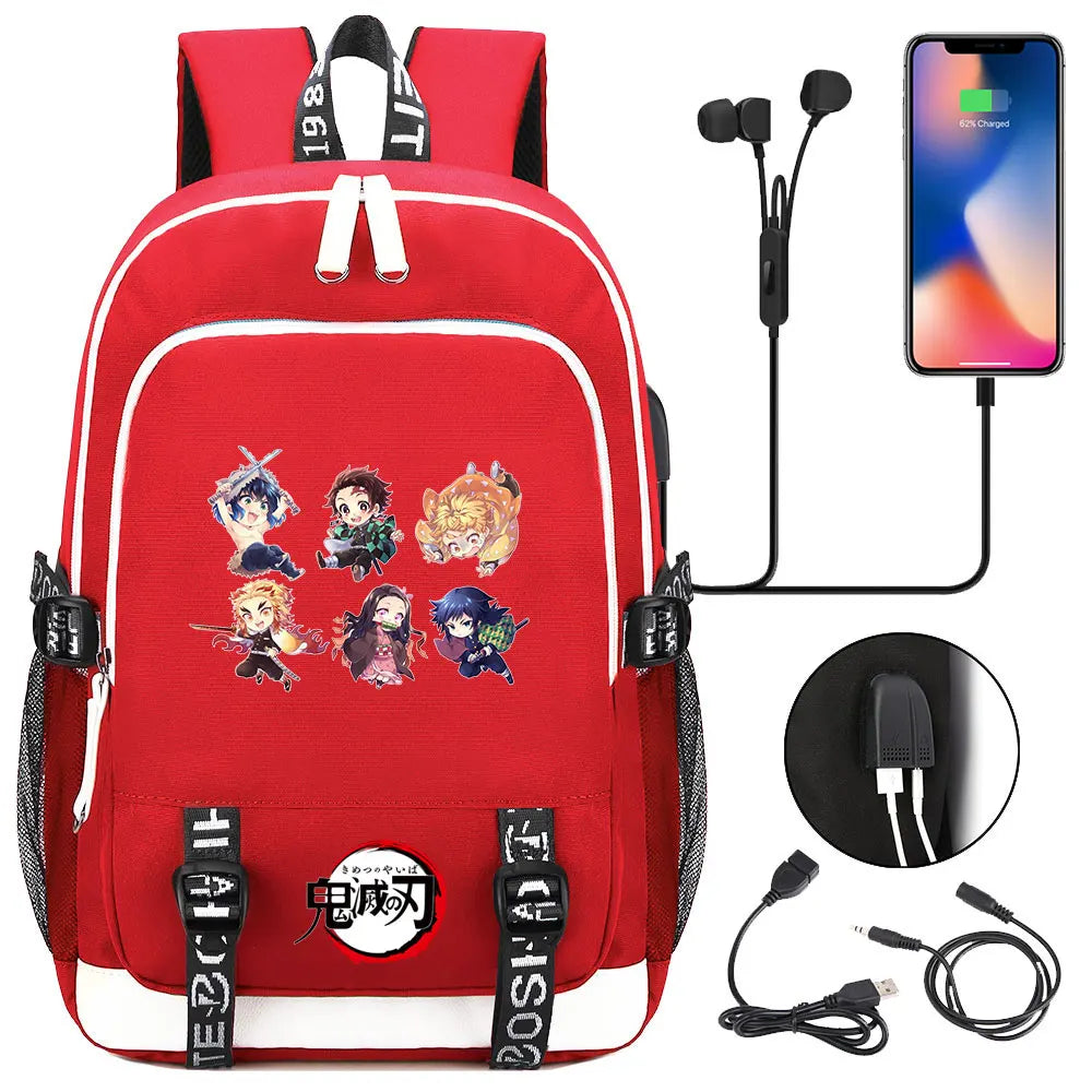 New Kawaii Anime Demon Slayer Prints USB Boy Girl Kids Book School Bags Teenagers Student Women Men Laptop Travel Backpack