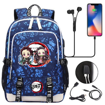 New Kawaii Anime Demon Slayer Prints USB Boy Girl Kids Book School Bags Teenagers Student Women Men Laptop Travel Backpack