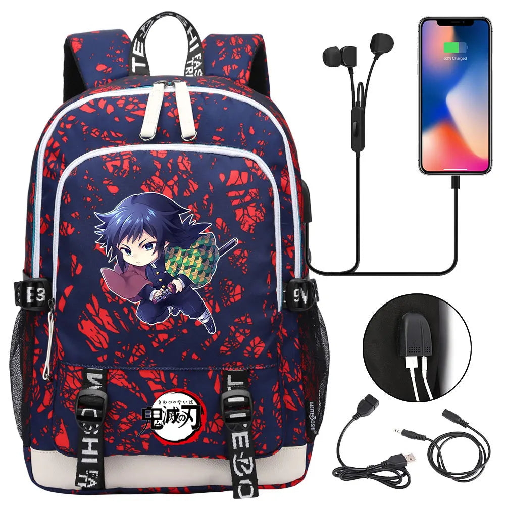 New Kawaii Anime Demon Slayer Prints USB Boy Girl Kids Book School Bags Teenagers Student Women Men Laptop Travel Backpack